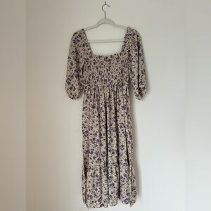 Tan and purple floral smocked midi